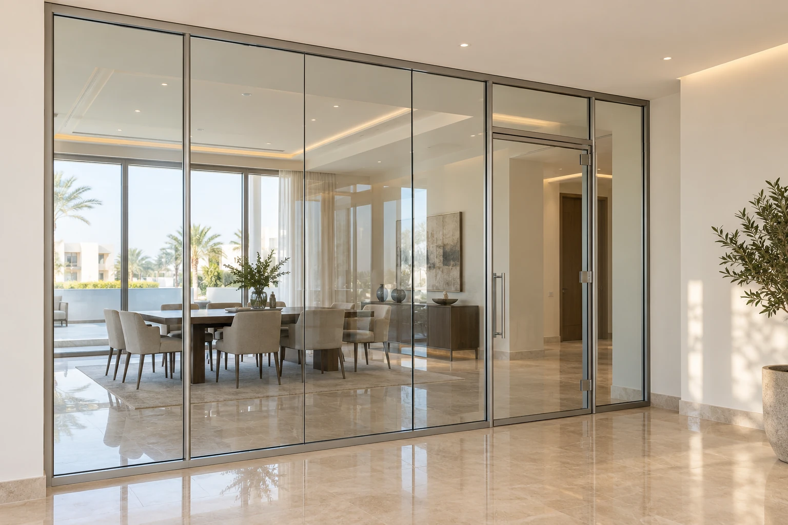 Illustrative aluminium-framed glass partition and door installation