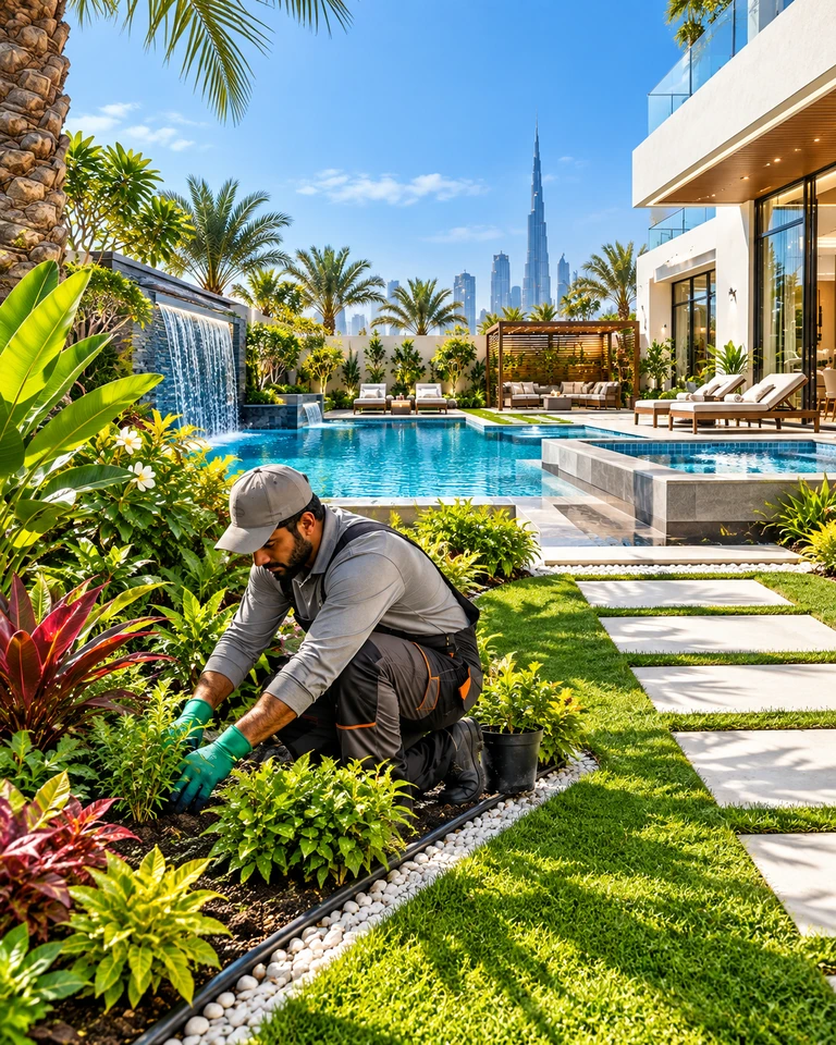 Landscaping and plantation work beside a modern Dubai villa pool