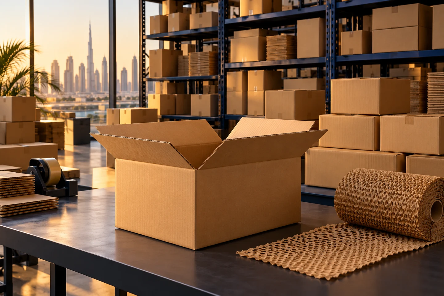 Illustrative arrangement of kraft packaging boxes and rolls