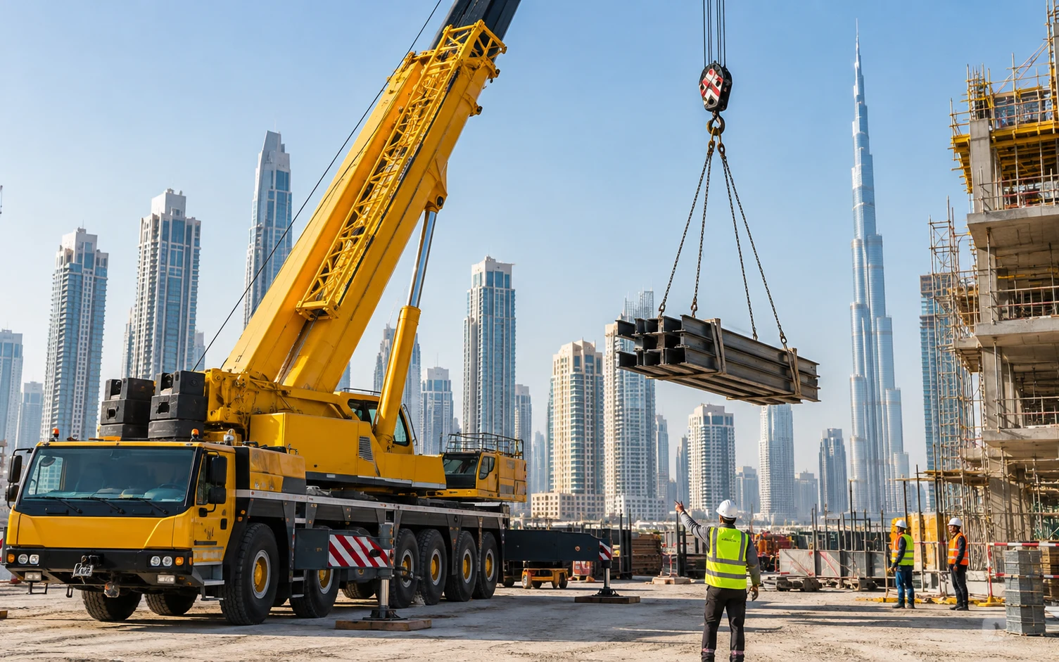 Mobile crane lifting work in a Dubai construction environment