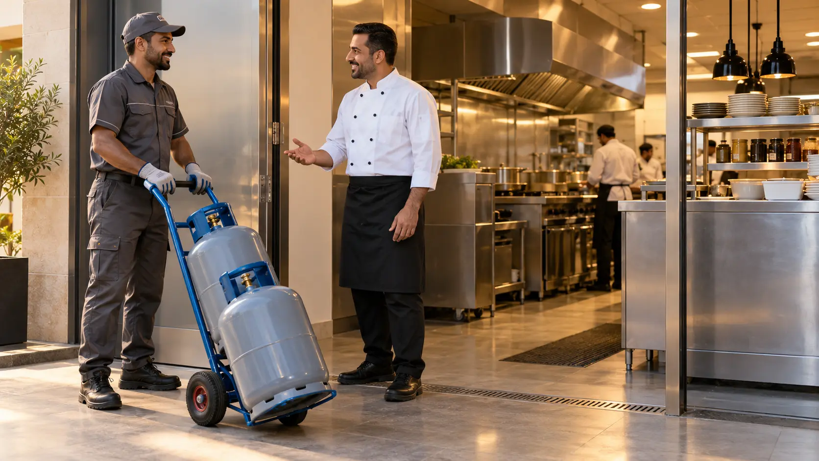 Commercial LPG cylinder delivery at a restaurant kitchen