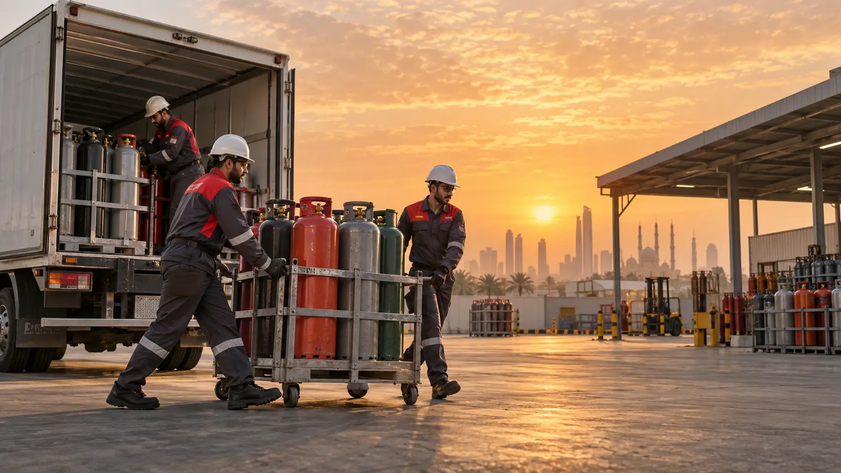 Gas cylinder delivery team at an Ajman industrial yard