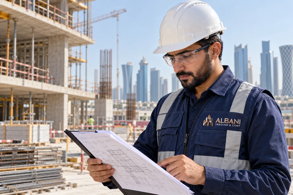 Illustrative construction employee wearing embroidered Albani workwear