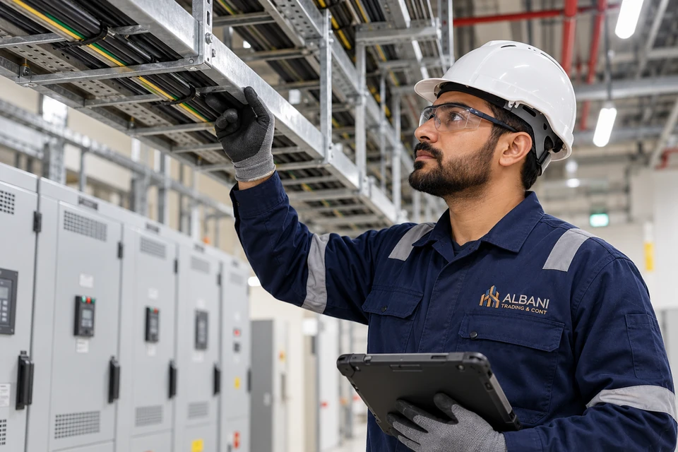 Illustrative electrical employee wearing embroidered Albani workwear