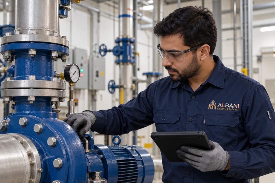 Illustrative maintenance employee wearing embroidered Albani workwear