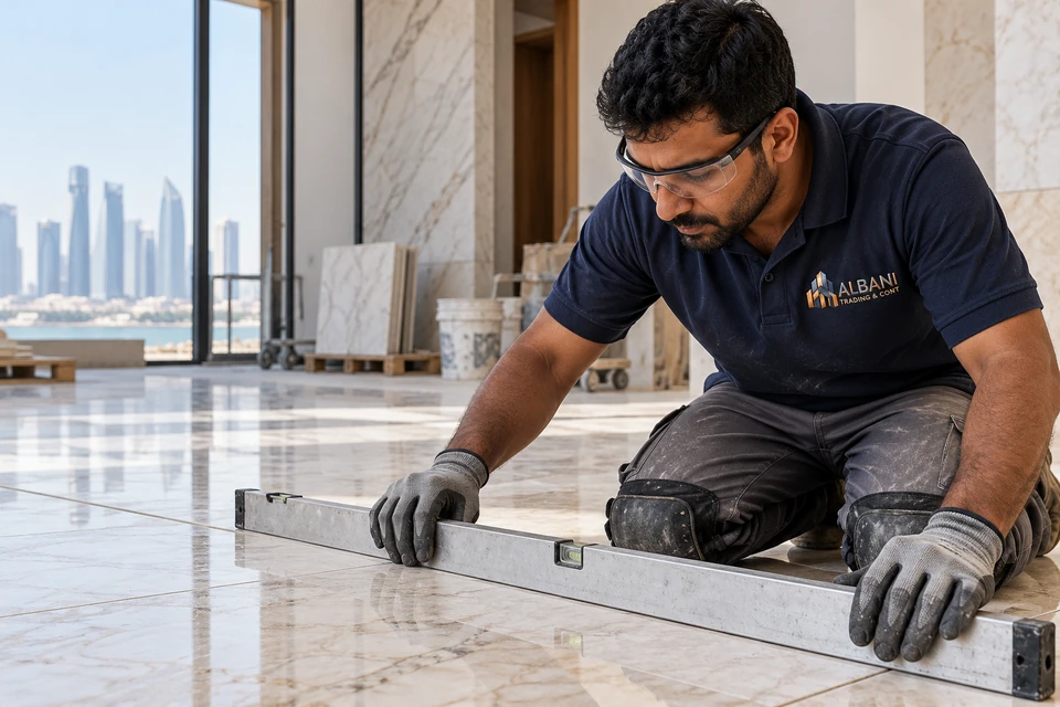 Illustrative stone employee wearing embroidered Albani workwear