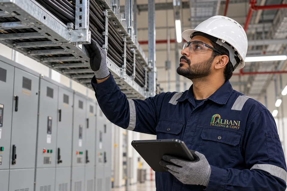 Illustrative electrical employee wearing embroidered Albani workwear