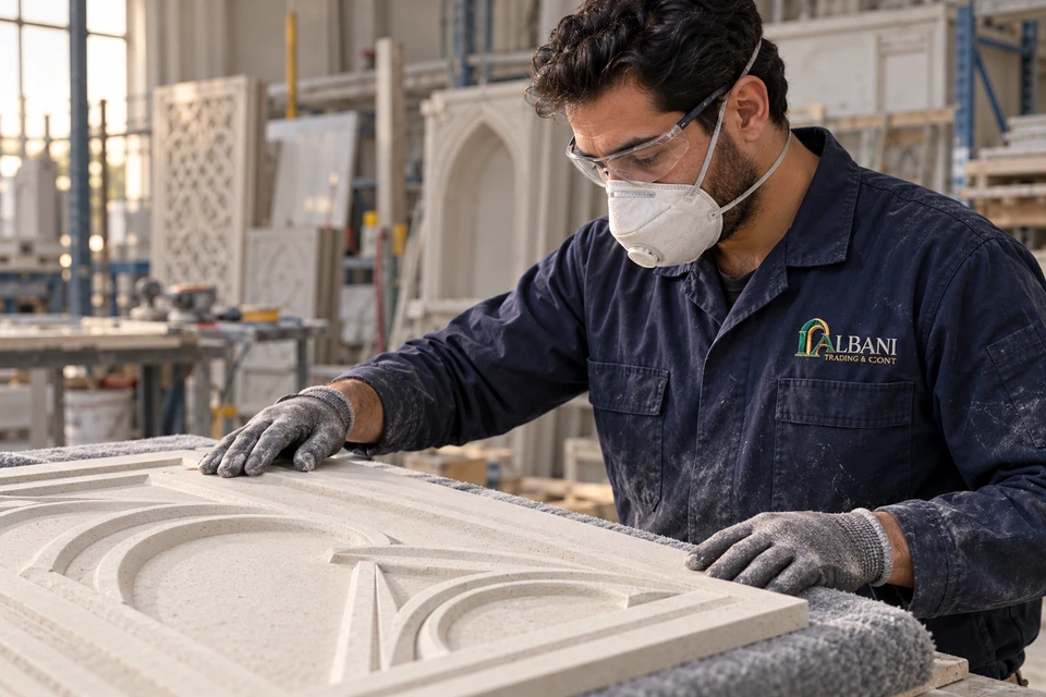 Illustrative grc employee wearing embroidered Albani workwear