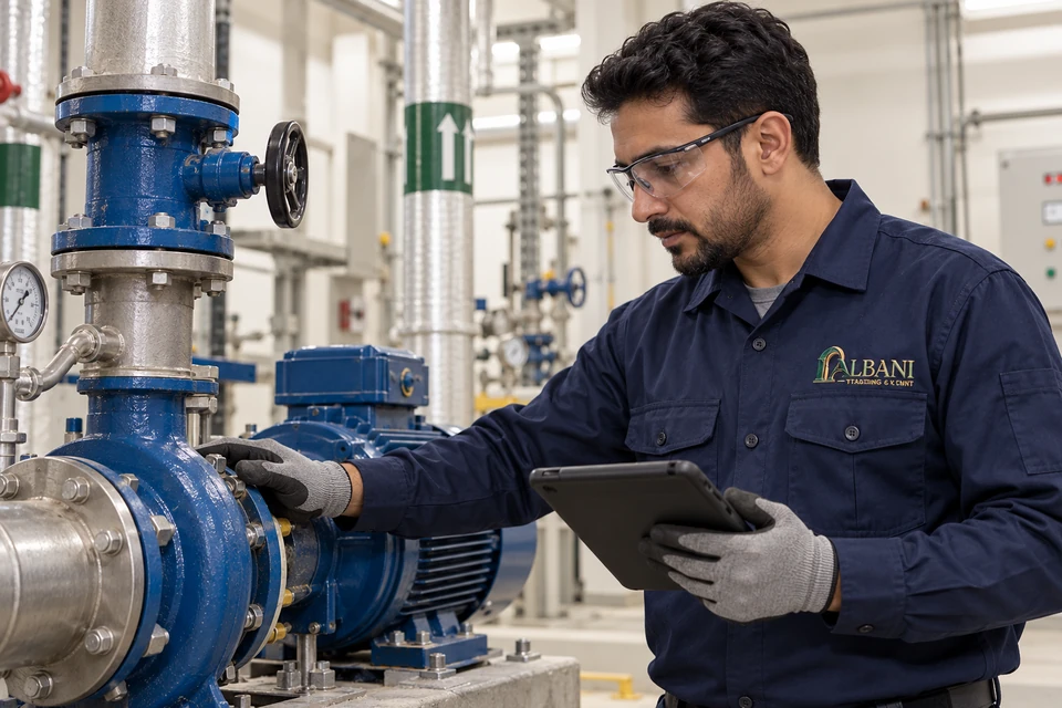 Illustrative maintenance employee wearing embroidered Albani workwear