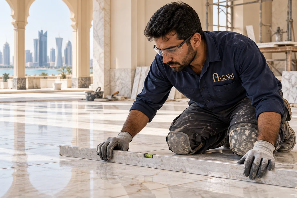 Illustrative stone employee wearing embroidered Albani workwear