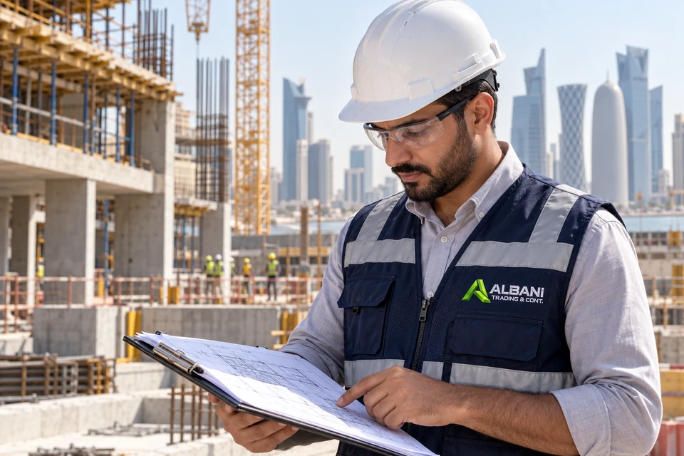 Illustrative construction employee wearing embroidered Albani workwear