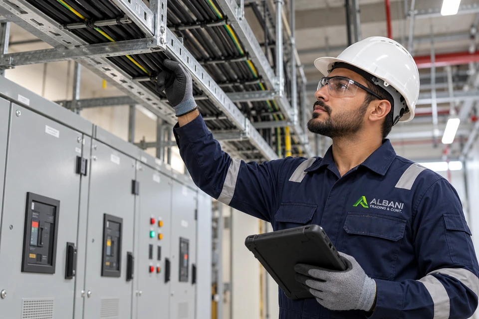 Illustrative electrical employee wearing embroidered Albani workwear