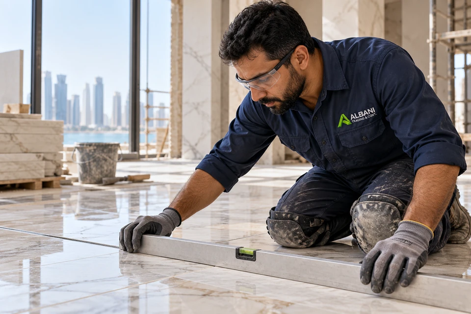 Illustrative stone employee wearing embroidered Albani workwear
