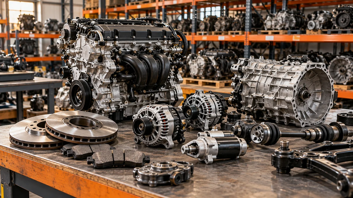 A selection of automotive parts arranged in a warehouse
