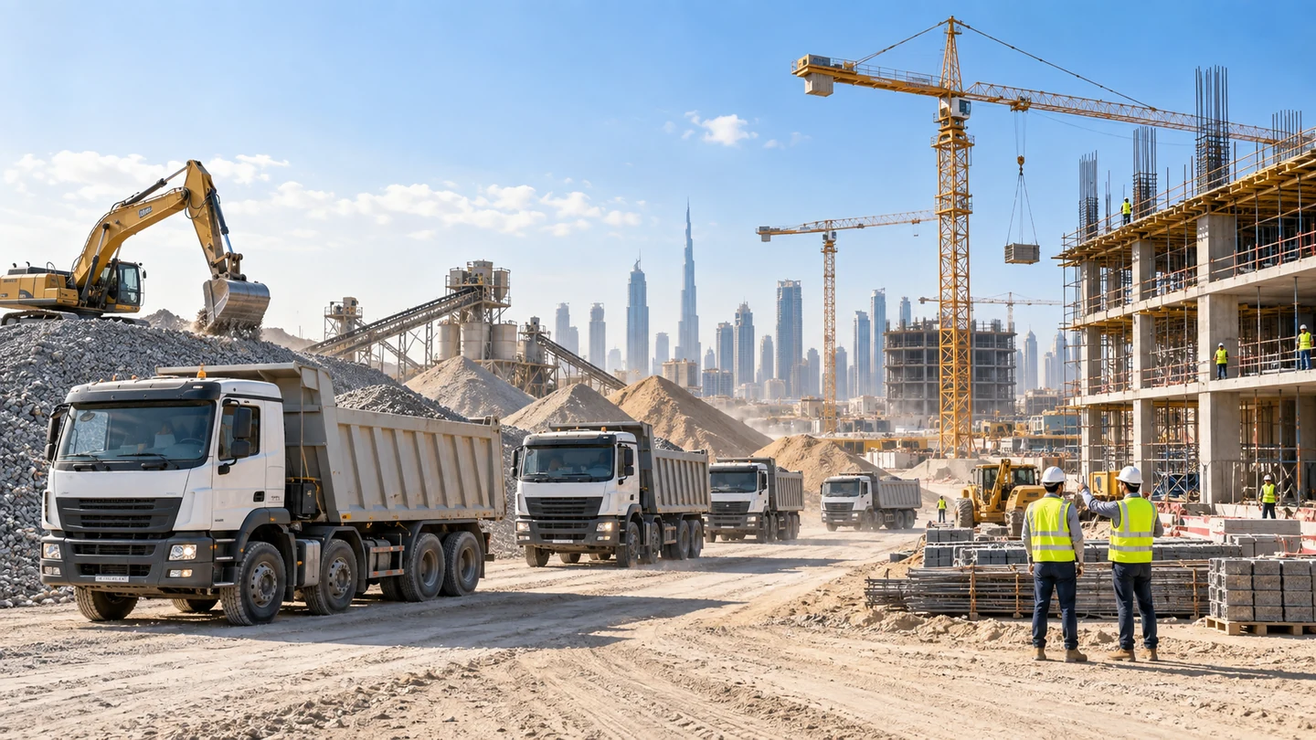 Daytime UAE construction and material movement scene