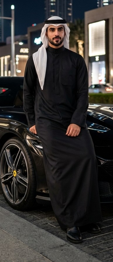 Client-supplied original: man wearing a full black kandora beside a car, head and complete garment visible