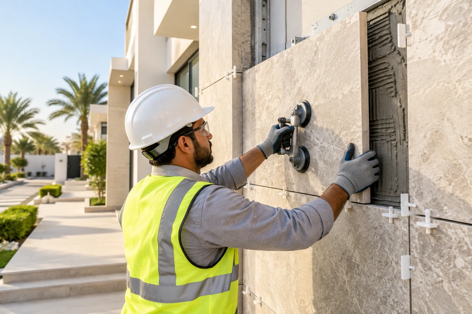 Stone fixing by a technician at a modern Dubai villa