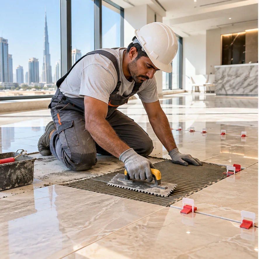 Floor tile fitting in a Dubai apartment
