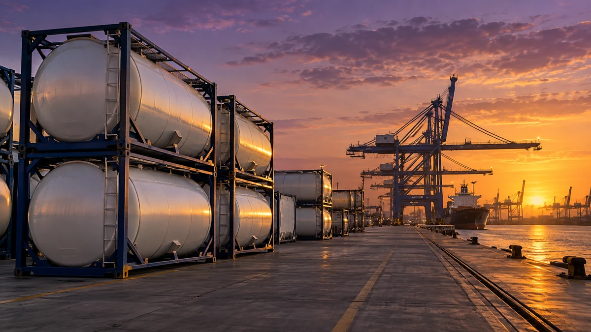 Representative tank containers at a Saudi port at dusk