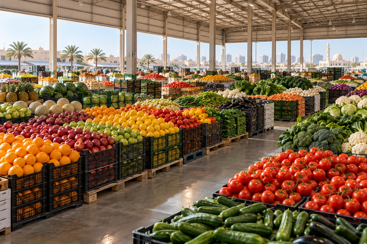 Produce crates in an organized wholesale interior