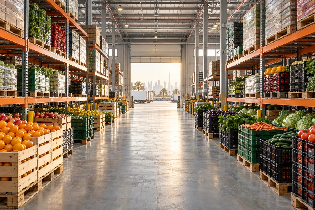 Clean produce warehouse aisle
