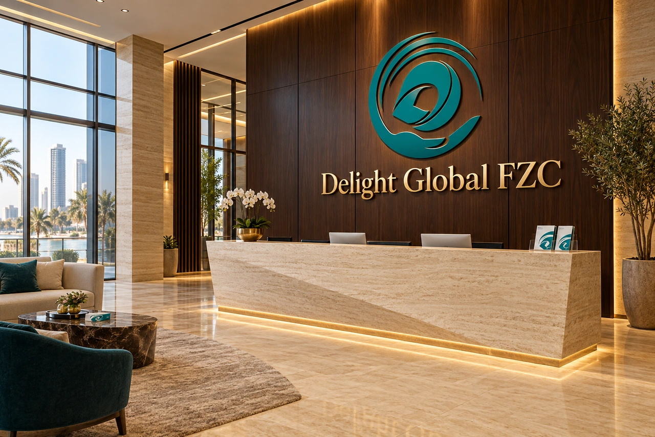 Illustrative commercial lobby with dimensional Delight Global FZC brand signage