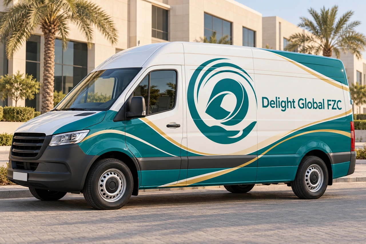 Illustrative complete commercial van with finished Delight Global FZC branding