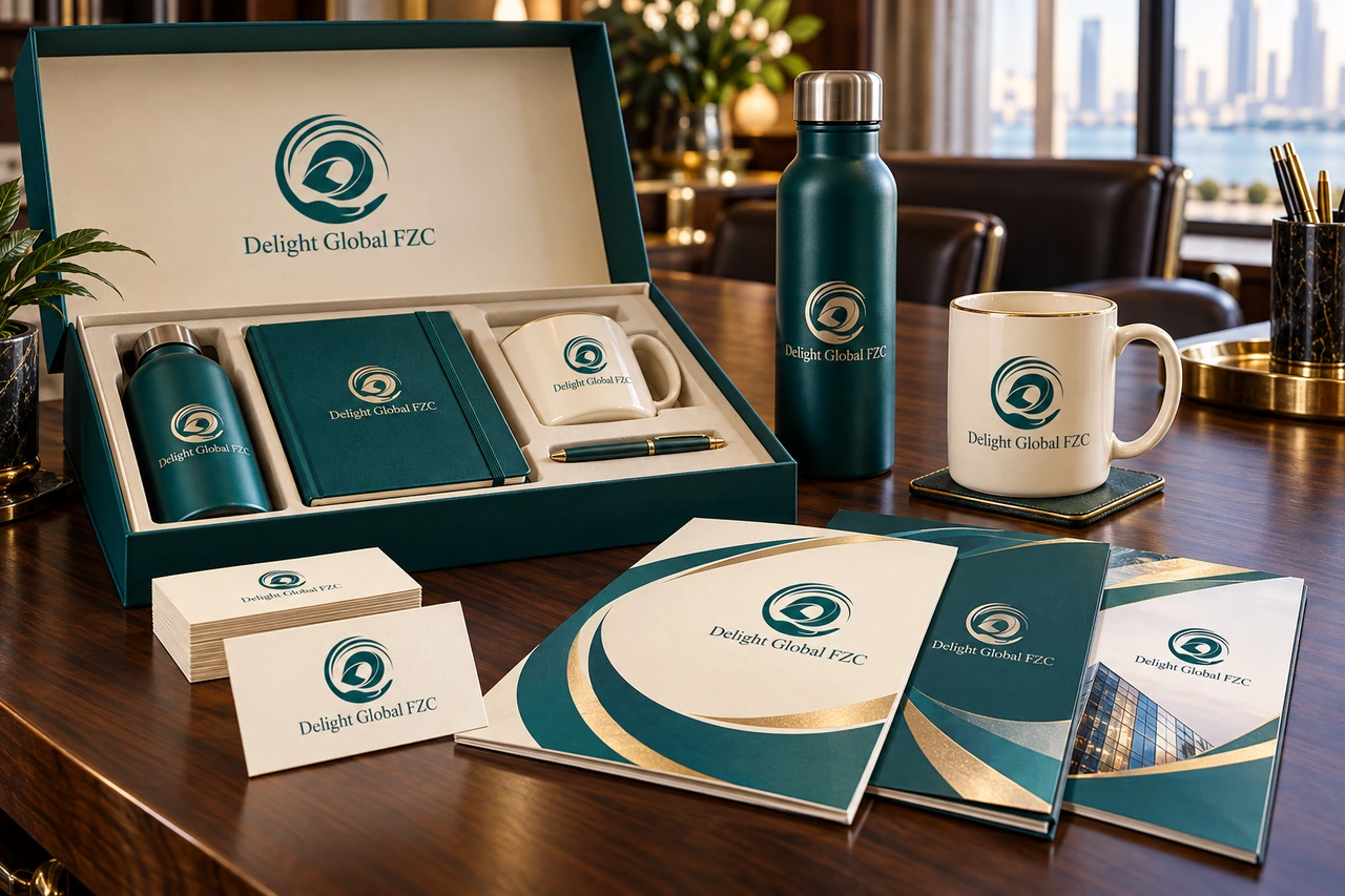Branded corporate gift box, mug, notebook and bottle