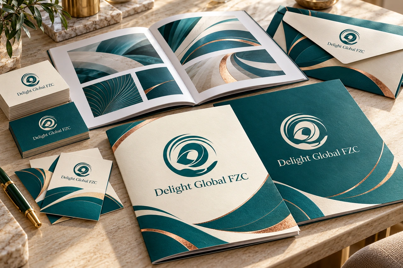 Illustrative finished branded brochures and stationery