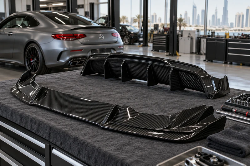 Carbon-fibre body-kit components on a padded workshop bench