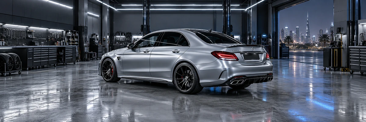 Silver Mercedes AMG sedan in a modern automotive workshop