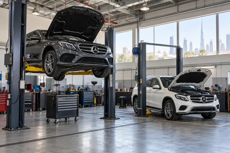 Mercedes vehicles in automotive service bays