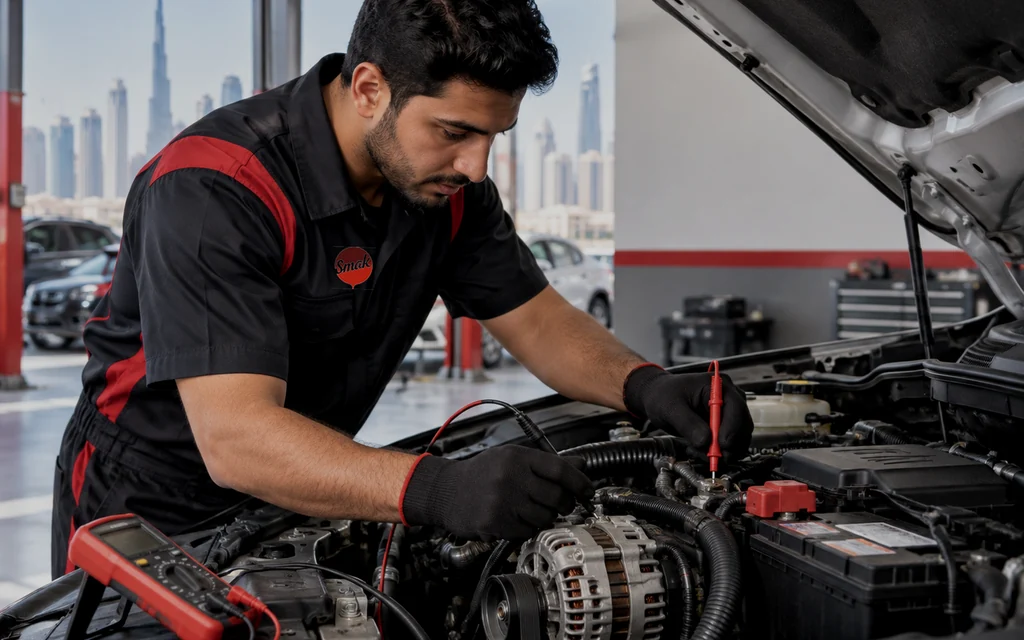 Technician providing car battery service in Dubai