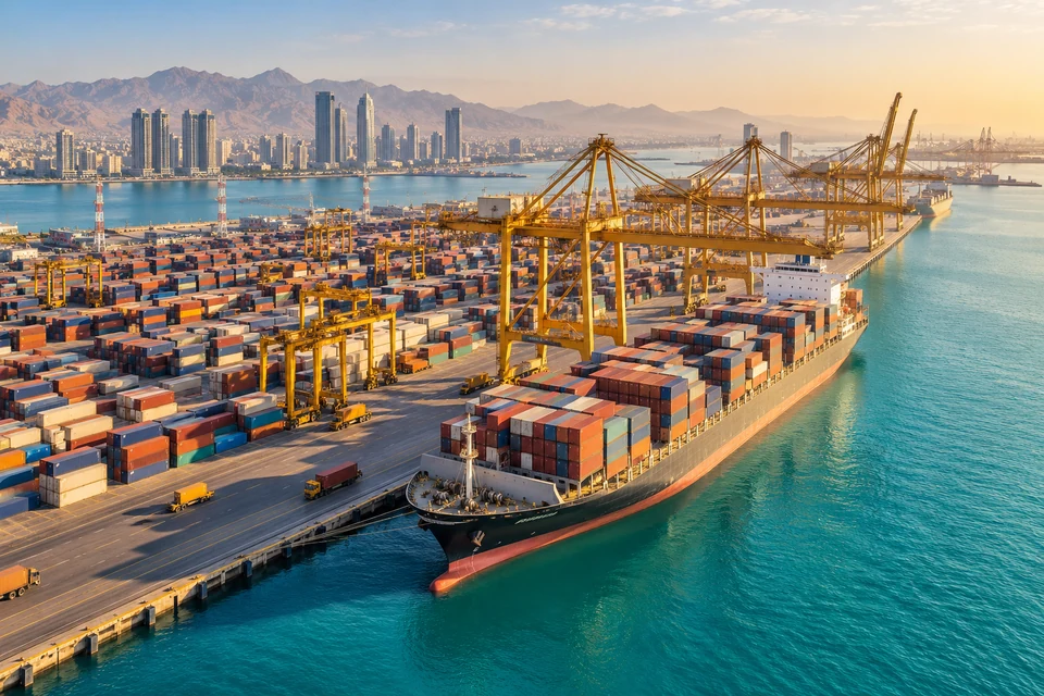 Full view of a Gulf container port beside turquoise water