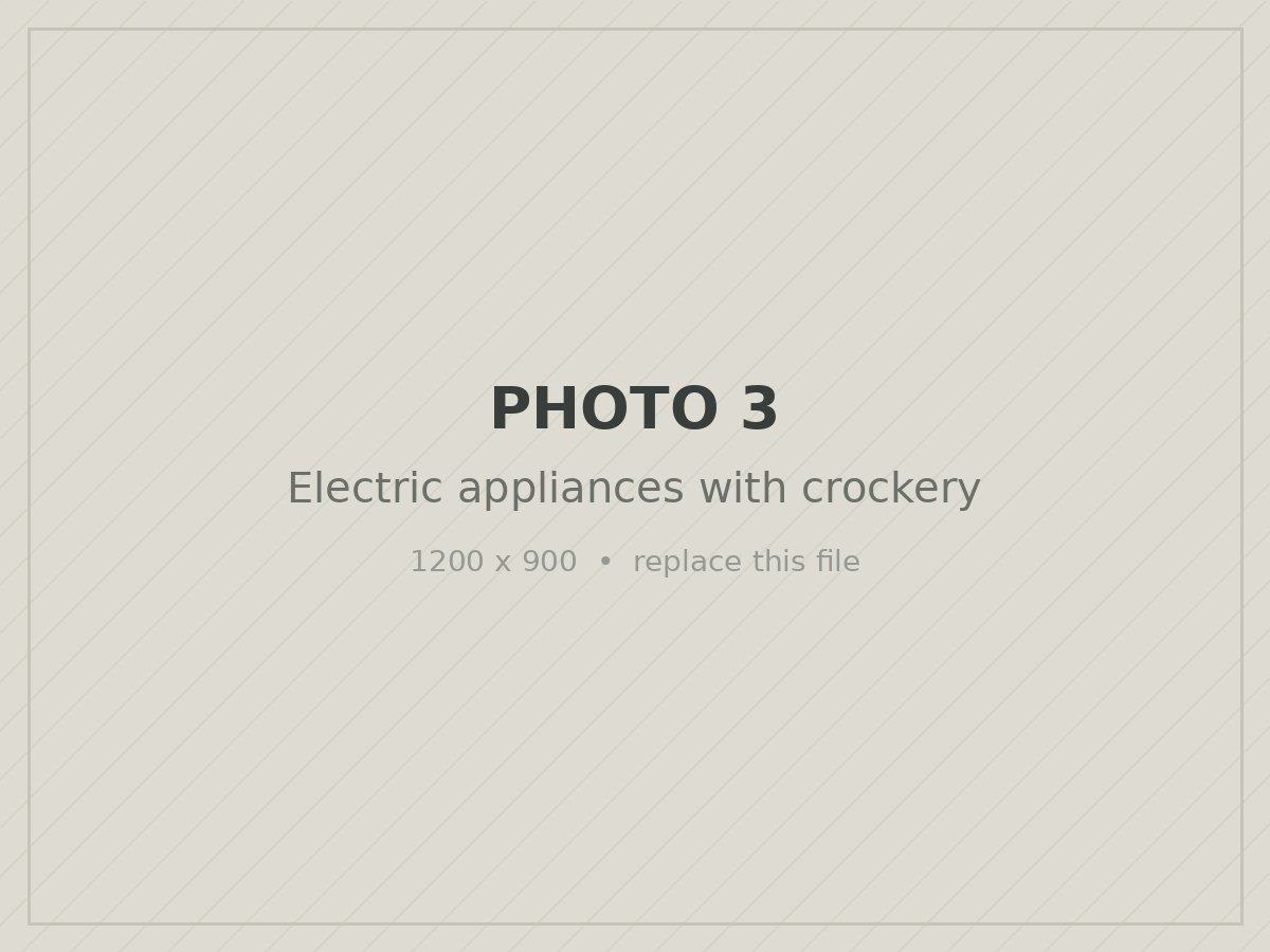 Kitchen appliances and crockery on a table