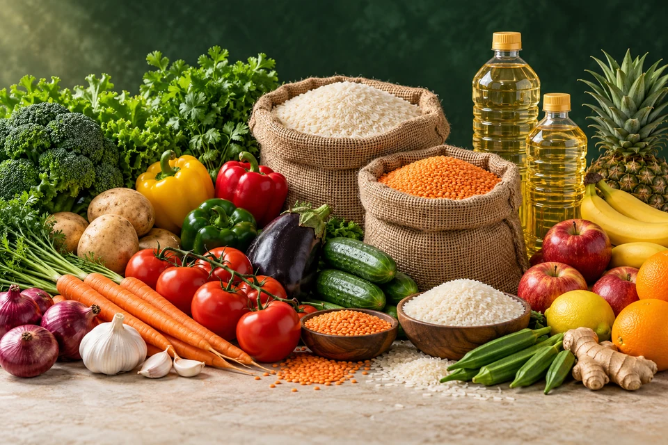 Fresh produce, grains and vegetable oil