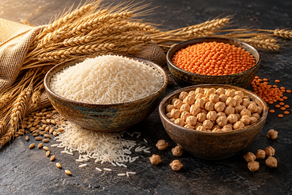 Rice, lentils and chickpeas on a dark surface
