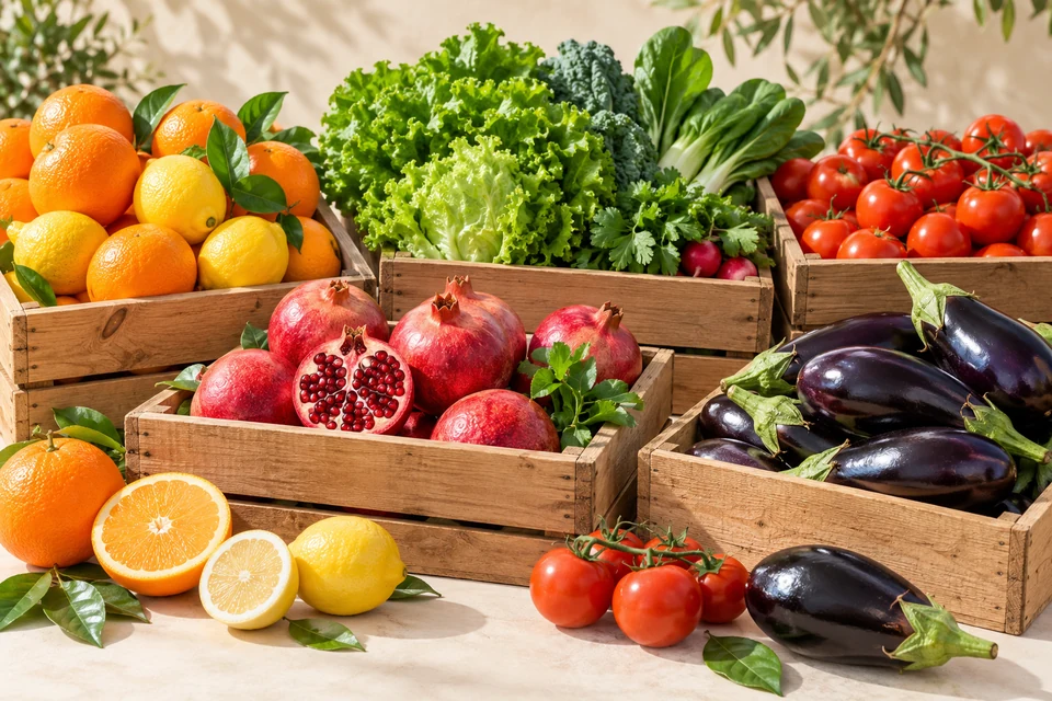 Colourful vegetables and fruit in market crates