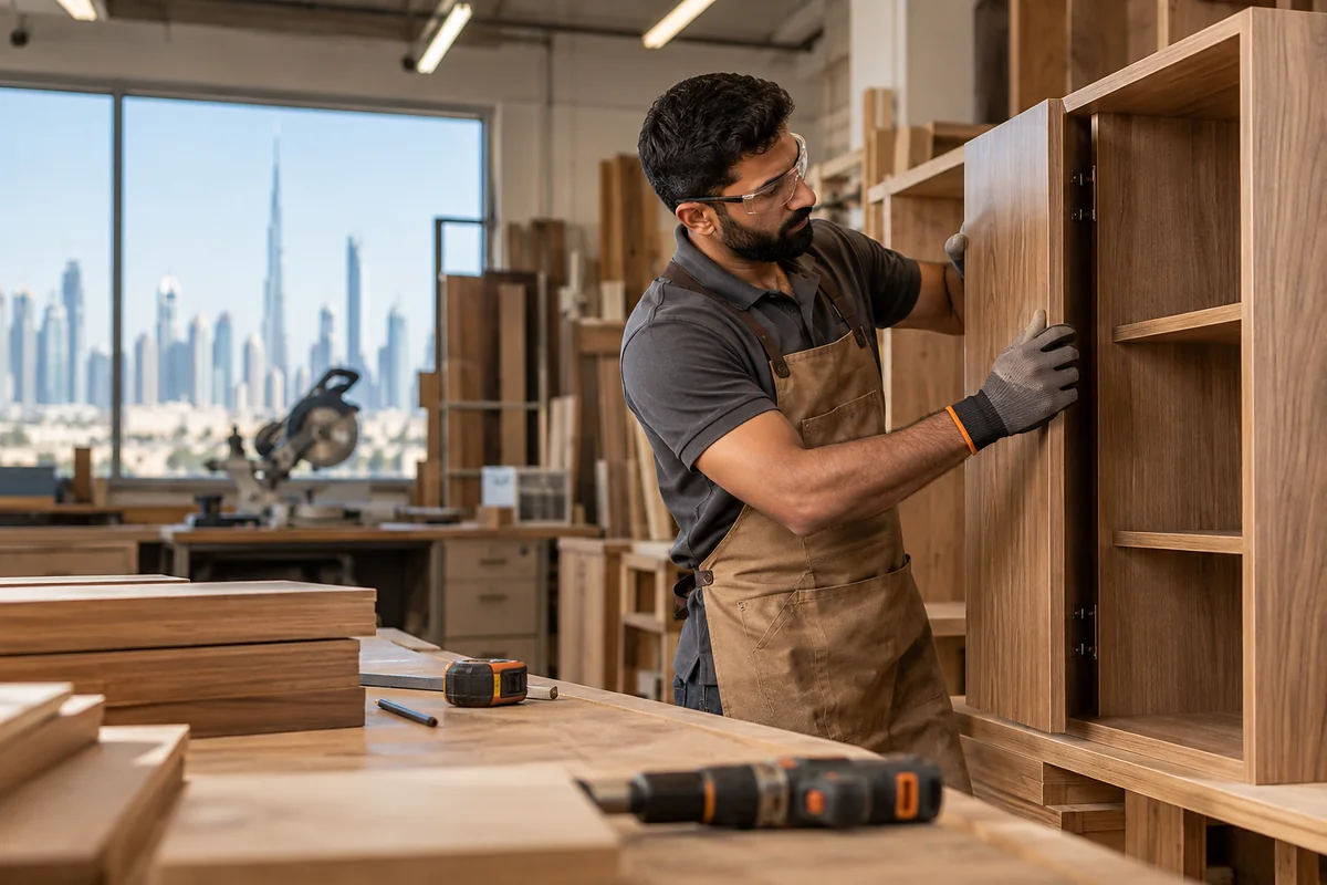 Carpenter fitting a wooden cabinet in a Dubai workshop