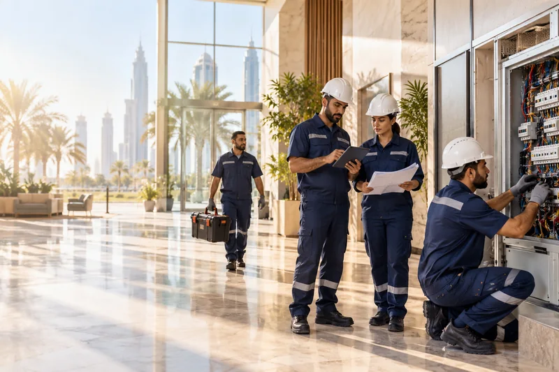 Facility maintenance team working in a modern UAE building