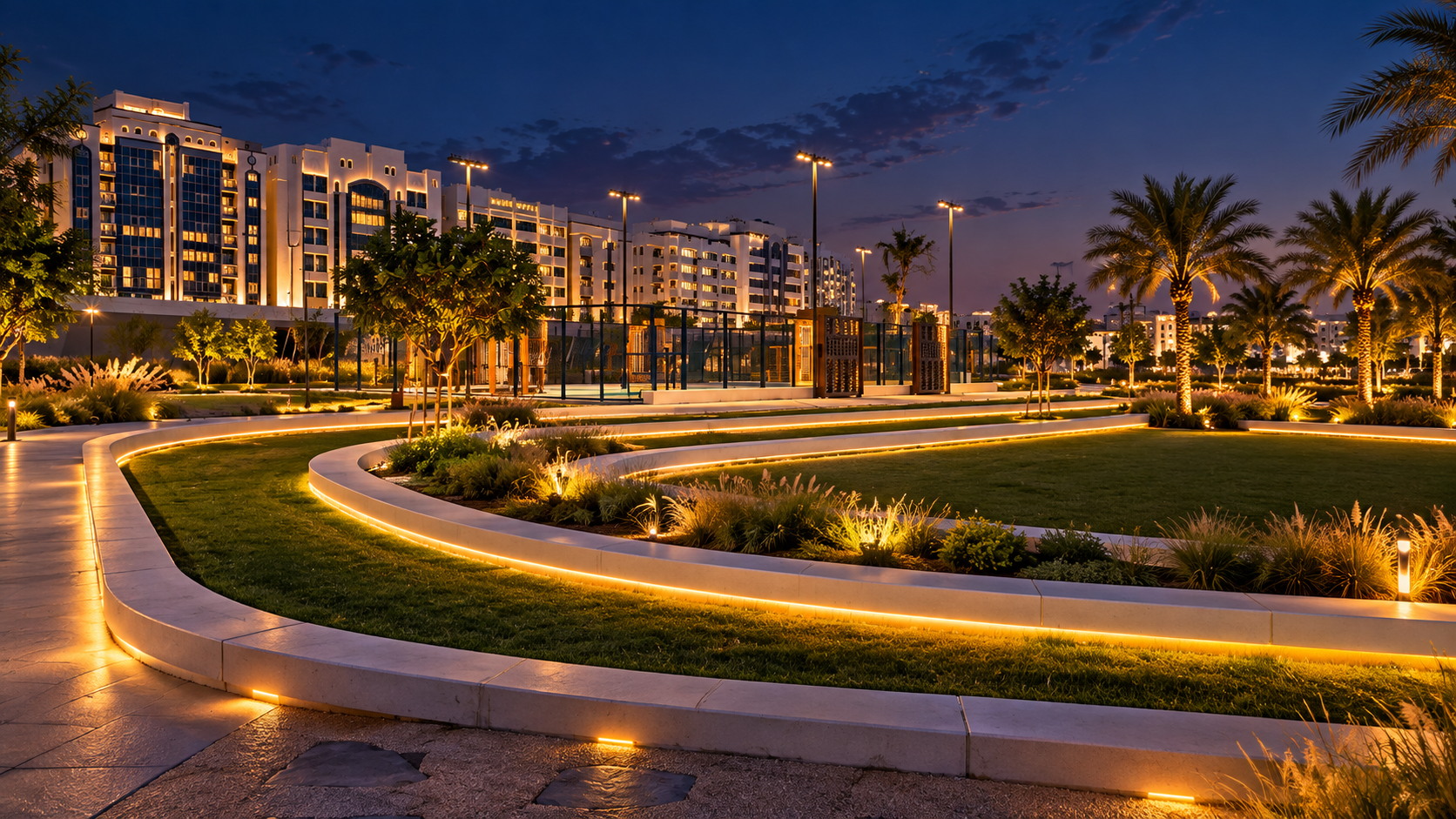 HGM landscaped project environment at twilight