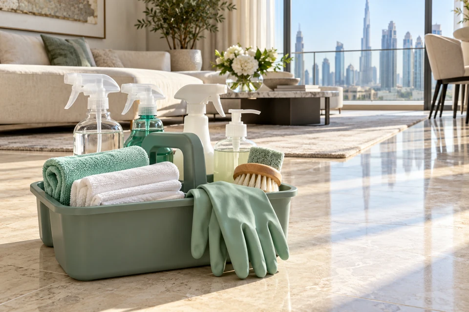 Cleaning caddy with microfiber cloths and cleaning tools