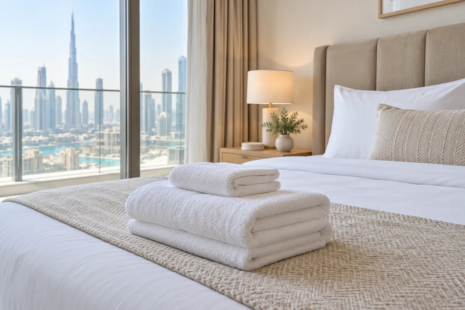 Fresh white linen and neatly folded towels in a holiday apartment