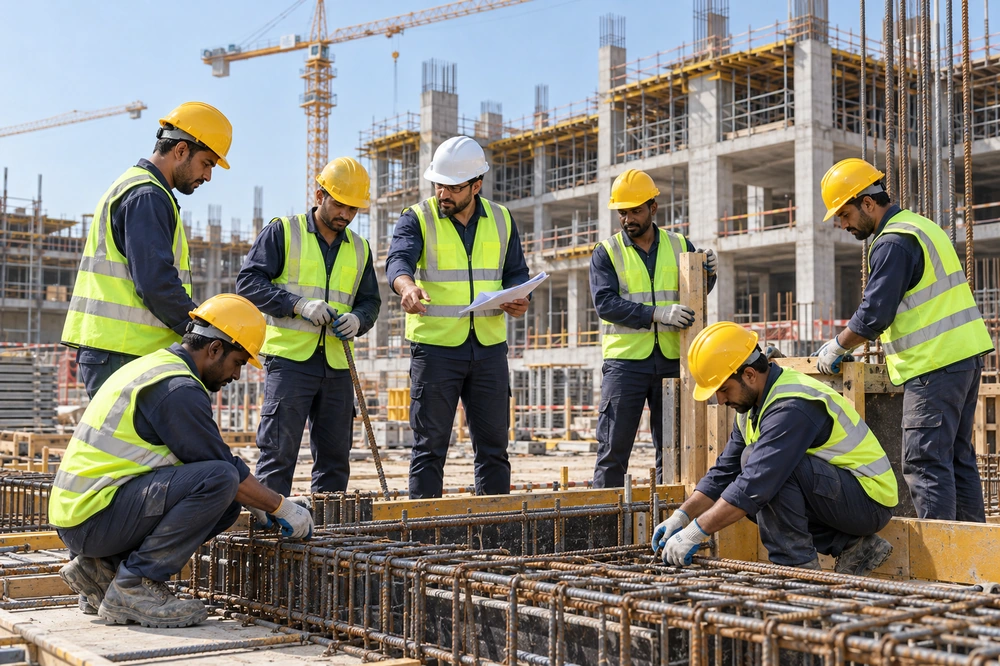 Skilled construction workforce collaborating at a UAE project site