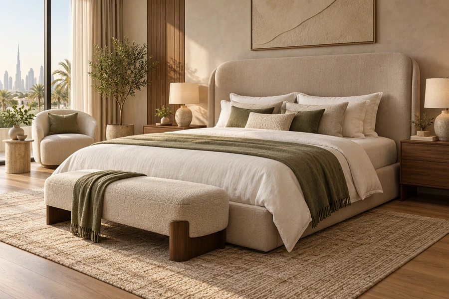 Upholstered bed with soft neutral bedding — generated inspiration