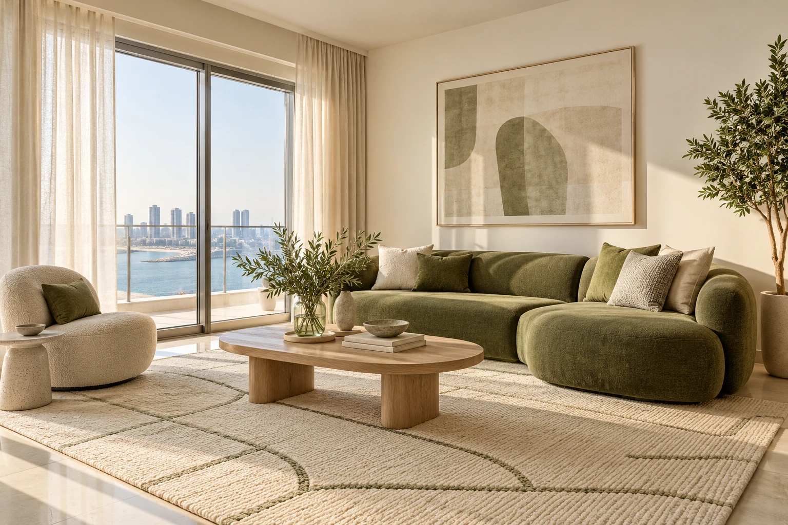 Olive sofa and pale carpet — generated inspiration