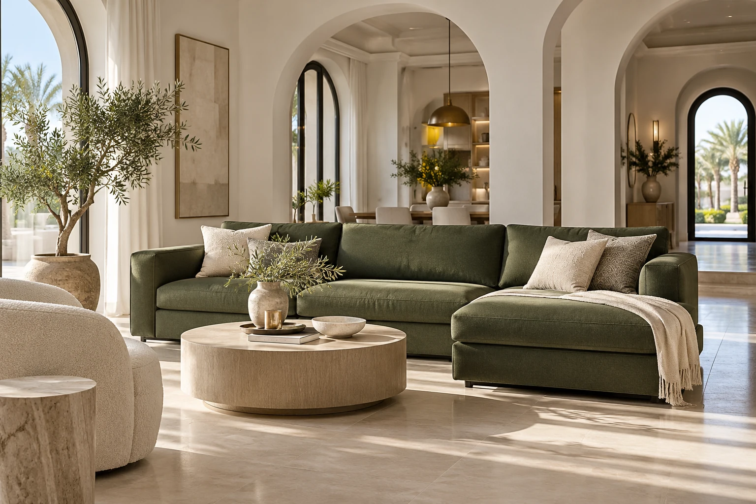 An elegant deep sage green linen sectional sofa with chaise — generated inspiration