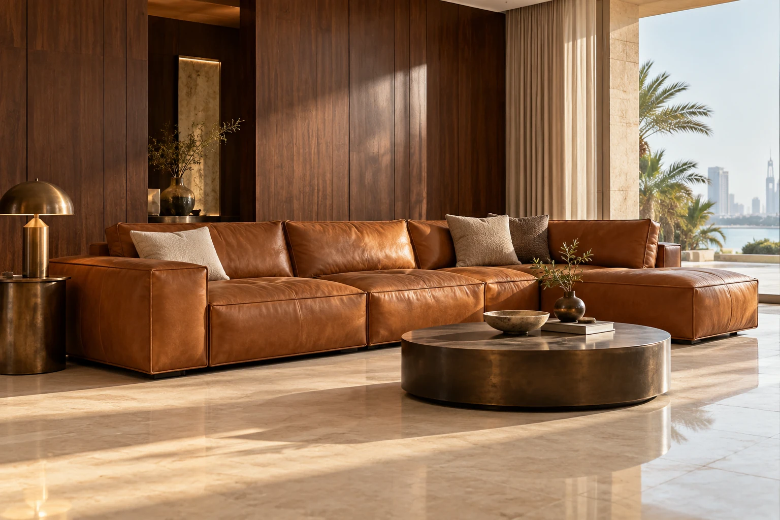 A luxurious cognac saddle leather low modular sofa with clean tailored seams — generated inspiration