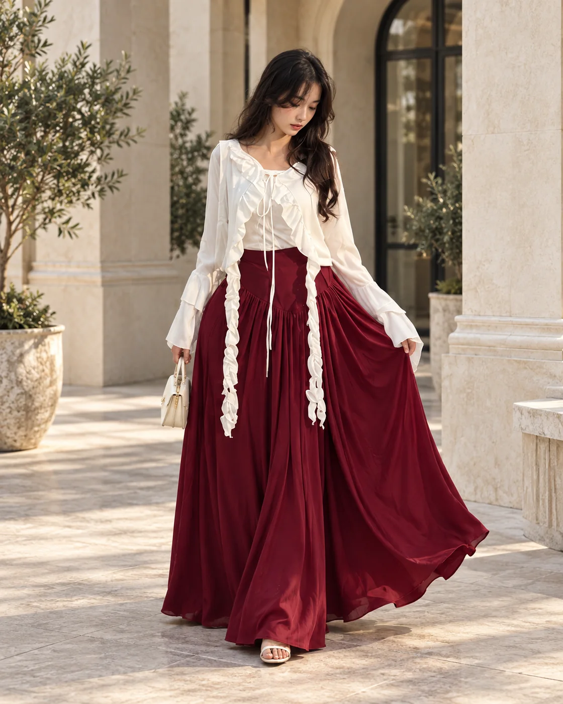 Walking maroon outfit