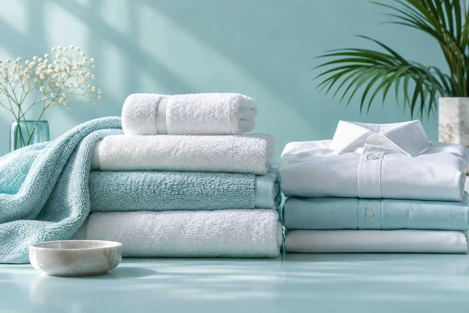 Fresh folded shirts and towels in an aqua laundry setting